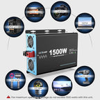 1500W Pure Sine Wave Inverter with Transfer Switch, 12V DC to 120V AC Converter with 2AC Outlets, USB Port, Type-C Port, Remote Controller, Power Inverter for RV, Outdoor, Auto Swtich to Shore Power