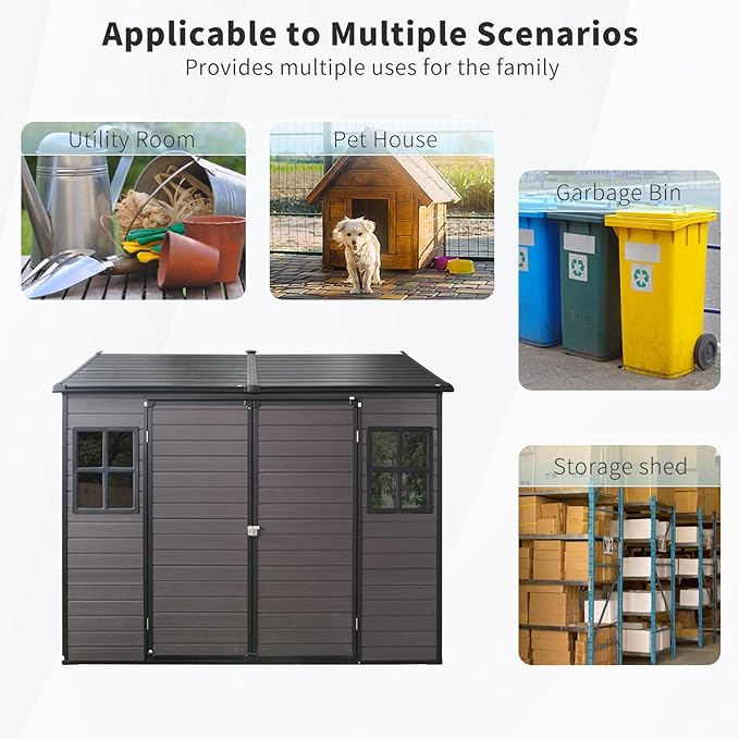 8x6 Ft Resin Outdoor Storage Shed with Floor, 2 Windows & Lockable Door – Weather -, Durable Shed for Backyard, Patio & Tools (Brown) (1 Doors)