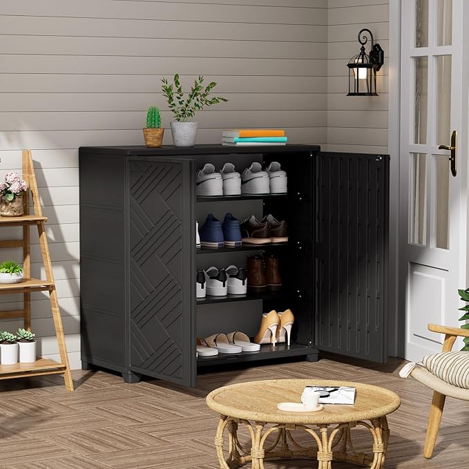 ZZM Indoor/Outdoor Storage Cabinet Waterproof, 34"x15"x34" Plastic Outdoor Storage Box for Garden Balcony Bathroom, All Weather Outdoor Storage Clearance, DIY Usage, with 2 Shelf (Black)