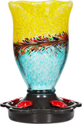 LUJII Hummingbird Feeders for Outdoors with Ant Proof, Handmade Blown Glass Hummingbird Feeder for Outside with S Hook, 25 fl.oz, Leak Proof, Multiple Functions Vase or Garden Decor, Blue Mixed Yellow