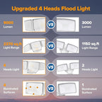 LUTEC 80W Dusk to Dawn Flood Lights Outdoor, 9000LM Super Bright LED Security Light with Photocell, IP65 Waterproof, 5000K Daylight, Hardwired 4 Heads Floodlight for Garage, Yard -2 Pack (White)