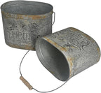 Set of 2 Vintage Distressed Metal Planter, Decorative Flower Buckets with Floral Embossing, Rustic Farmhouse Flower Pot for Herbs Succulents, Wedding Party Home Decor Accents