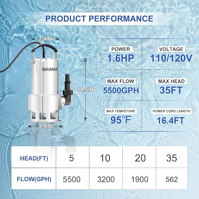 Sump Pump 1.6HP Submersible Water Pump 5500GPH Stainless Steel Electric Clean/Dirty Water Draining Transfer Pumps with Adapters for Pool Hot Tub Pond