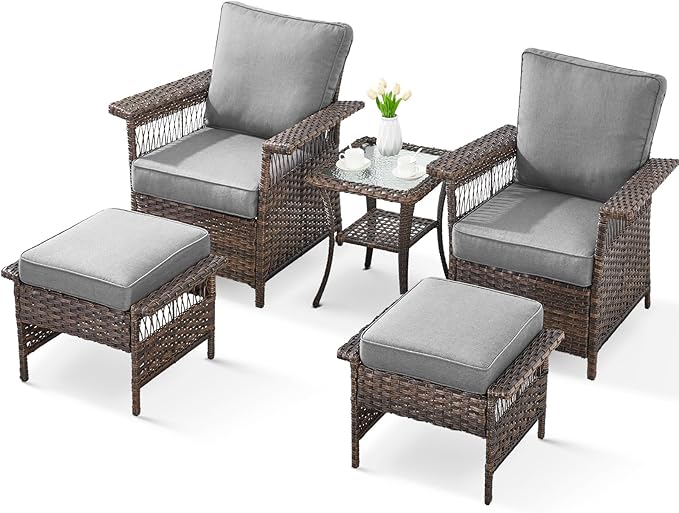 5 Pieces Wicker Patio Furniture Set - Hollow Widen Armrests Outdoor Rattan Chairs with Ottomans and Side Table, Small Patio Convention Set for Balcony Porch Deck and Yard - Brown/Gray