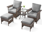 5 Pieces Wicker Patio Furniture Set - Hollow Widen Armrests Outdoor Rattan Chairs with Ottomans and Side Table, Small Patio Convention Set for Balcony Porch Deck and Yard - Brown/Gray