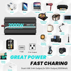 24V 2000W Pure Sine Wave Power Inverter 24V DC to 120V AC Converter for Car, Truck, Home, Vehicles,Boat, Car Power Converter with 2 AC Outlets, USB Ports, LCD Display