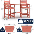 Tall Adirondack Chairs Set of 2, All Weather HDPE Poly Bar Height Balcony Adirondack Chair with Removable Double Connecting Trays, Outdoor Adirondack Barstools for Deck, Patio, Yard, Pool, Lawn
