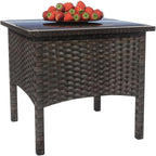 Outdoor PE Rattan Side Table, Modern Wicker Coffee End Table with Glass Top for Yard, Balcony, Garden or Livingroom, Brown