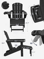 KINGYES Adjustable Folding Adirondack Chair with Footrest & 4-in-1 Multi-Functional Armrest Organizer Set of 4, HDPE Foldable Reclining Adirondack Chair with Pull-Out Ottoman, Black