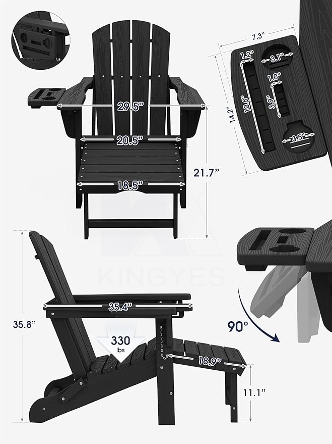 KINGYES Adjustable Folding Adirondack Chair with Footrest & 4-in-1 Multi-Functional Armrest Organizer Set of 4, HDPE Foldable Reclining Adirondack Chair with Pull-Out Ottoman, Black
