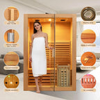 ZONEMEL Wooden Steam Sauna Room, 2 Person Canadian Hemlock Luxurious Indoor Sauna with 3.5 KW Harvia Stove Heater, Bluetooth Speaker, Sauna Stone, Wooden Bucket, Scoop, Reading Light, Hourglass,220V