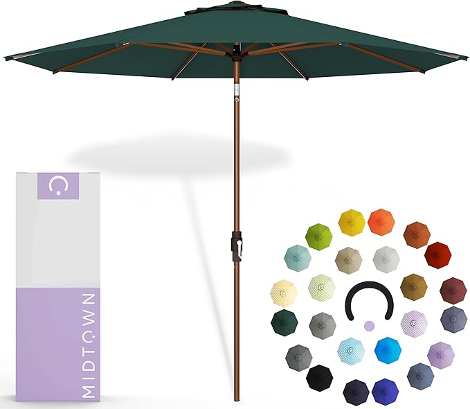 Midtown Umbrellas Wooden 2-9 Feet Outdoor Patio Umbrella, Terylast Dark Green Fabric, Aluminum Frame For Backyard Umbrella, Deck Umbrella, Garden Umbrella & Pool Umbrella - Wooden Pole