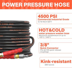 5/16" Pressure Washer Hose 50 FT, Hot and Cold Water Power Washer Hose Max 140°F, Commercial Industrial Grade Steel Wire Braided Kink Proof Extension Hose with 3/8 Quick Connect 4500 PSI