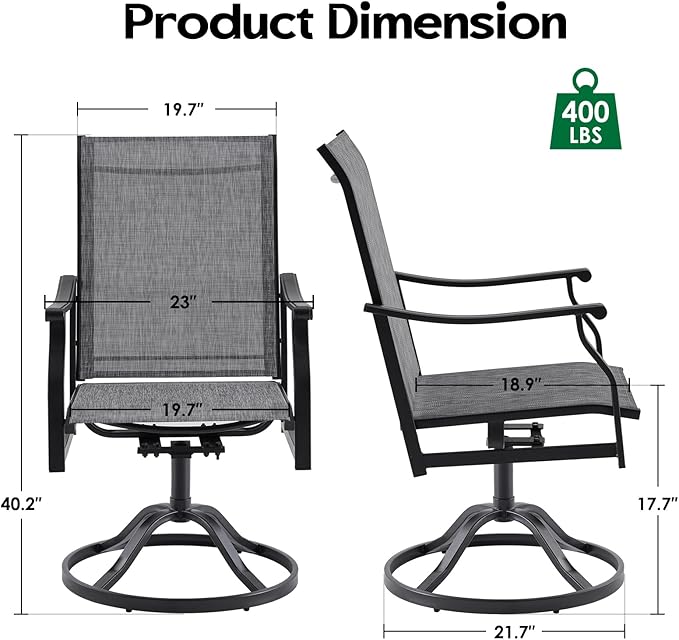 Patio Swivel Chairs Set of 2, Outdoor Dining Chairs with Textilene, Swivel & Rocker Metal Outdoor Patio Dining Chair All-Weather for Backyard, Grey Fabric with Black Frame