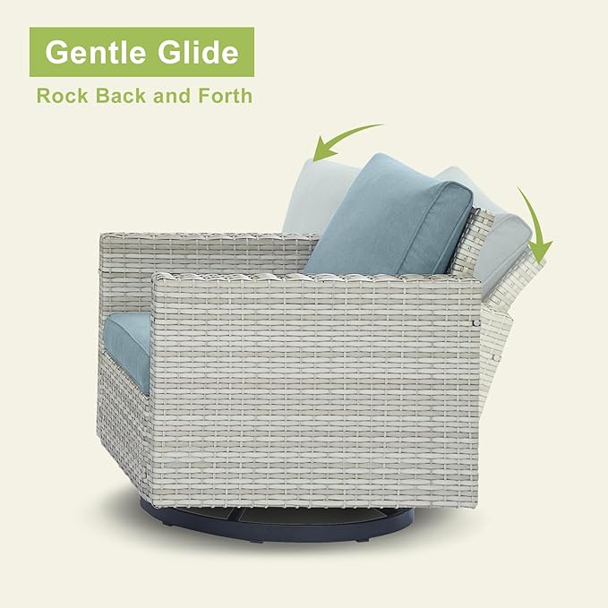 Wicker Outdoor Patio Furniture Set - 6 Piece Patio Conversation Set with 2 Swivel Rocker Chairs,2 Rattan Ottoman,1 Couch and 1 Metal Side Table for Outside Porch Deck Backyard(Light Grey/Sky Blue)