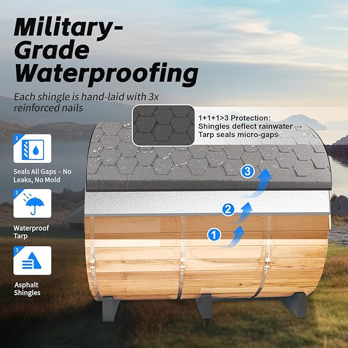 ZONEMEL Barrel Steam Sauna Room with Panoramic View, Bitumen Roofing, Canadian Hemlock Outdoor Sauna with 6kw ETL Certified TOULE Heater, Sauna Rocks, 8 Person Sauna Bath for Garden Courtyard, 220V