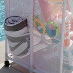Essentially Yours Pool Storage Equipment Organizer Holder - Noodles, Toys, Balls and Floats Mesh Rolling Double Decker Bin, Large with Noodle Holder, (35.3" W x 23" L x 59.4" H), White Style 561935