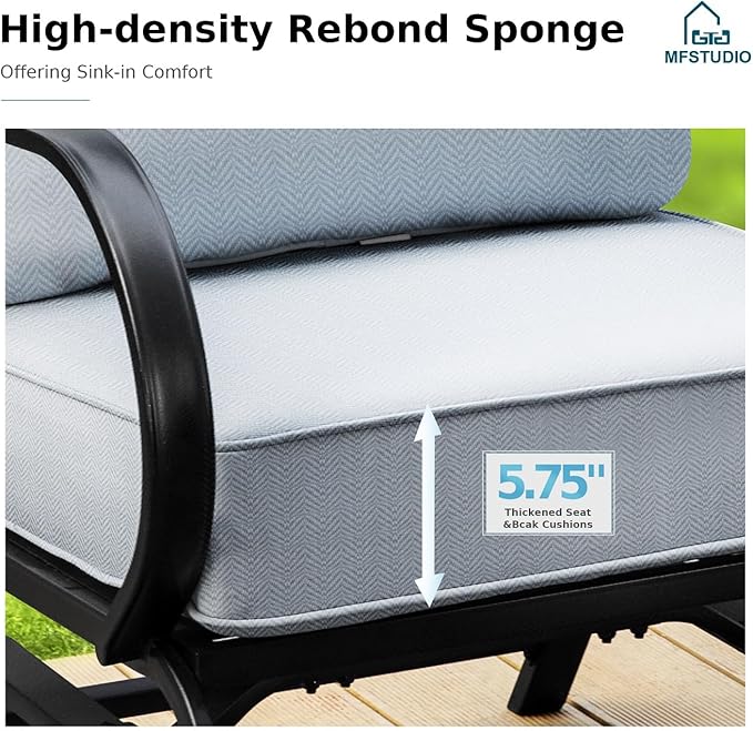 MFSTUDIO 6 Pieces Patio Furniture Sets with 45" Gas Fire Pit Table(Up to 7 Seat), Outdoor Metal Frame Patio Conversation Sofas with 1 x 3-Seat Sofa, 2 Rocking Chairs and 2 Ottoman, Grey Cushion