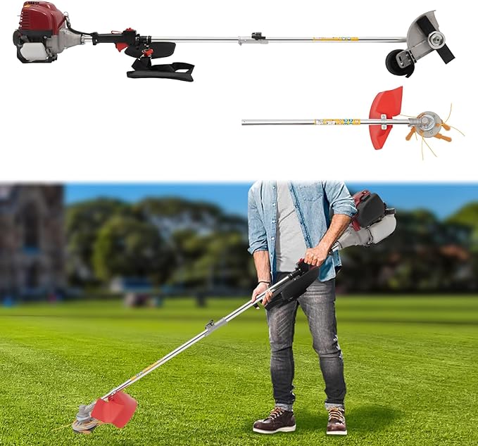 Gas Weed Eater, 35.88CC 4-Stroke Gas Power String Trimmer Lawn Trimmer Grass Cutter Weed Edger with 2 Blade Heads, Portable Weed Wacker Grass Cutter with Large Fuel Tank for Lawn Mowing