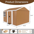 10x8 FT Outdoor Steel Storage Shed with Clear Windows, Sliding Lockable Door & Ventilation, Brown and White Weather-Resistant Metal Tool Shed for Garden, Backyard, Lawn, and Utility Storage