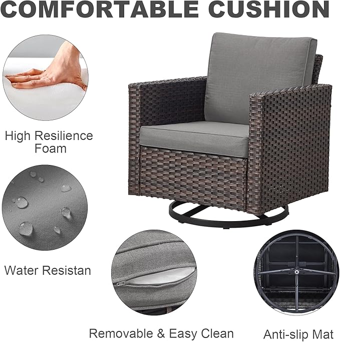 Outdoor Swivel Rocker Chairs, Patio Swivel Chair Set, Two Swivel Patio Wicker Chairs with One Side Table, Brown/Grey