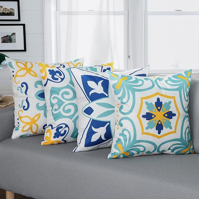 Outdoor Waterproof Throw Pillow Covers Set of 4 Floral Printed and Boho Farmhouse Outdoor Pillow Covers for Patio Funiture Garden 20x20 Inch Blue