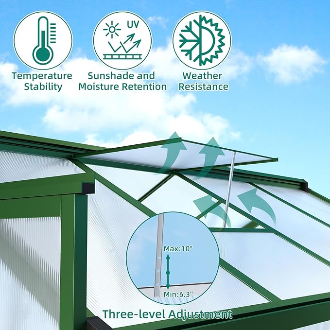 6x10 ft Greenhouse with Roof Vent, Aluminum Walk-in Greenhouses for Outdoors, Heavy Duty Garden House for Backyard, Patio, Easy Assembly