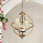 SUNNYPARK Battery Operated Outdoor Candle Chandelier - Gold and Black Metal Globe Hanging Pendant Light with 3 Flameless Candles, 12.6" Waterproof Lights for Gazebo, Pergola, Garden, Porch & Backyard