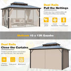 MELLCOM 10'x13' Hardtop Gazebo with Polycarbonate Double Roof, Aluminum Frame Outdoor Gazebo Permanent Pavilion with Curtains and Netting for Patio, Lawn & Garden