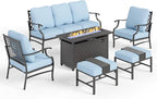 Patio Furniture Set, 6 Pcs Metal Outdoor Conversation Set, 2 Single Chairs, 2 Ottomans and 3 Seater Sofa with 5.75" Extra Thick Cushion and Gas Fire Pit Table, Blue