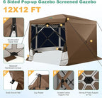 COBIZI 12x12 pop up Gazebo on Clearance Screen Tent for Camping,Scalable Sesign Outdoor Canopy Tent with Extension Support Poles & sidewalls,with Portable Carrying Bag and Ground Stakes,Brown