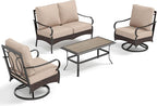PHI VILLA Outdoor Porch Furniture Set, Upgraded Wicker&Metal Deep Seating Patio Furniture Conversation Set with Waterproof Thick Cushions for Balcony, Deck, and Yard (4 Pieces,Beige)