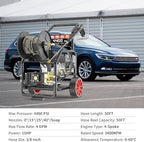 4400 PSI Gas Powered Commercial High Pressure Washer with 296cc 7HP Engine 4.0GPM Electric Start, Includes Hose Reel 50 FT 3/8 inch Hose 5 Quick Connect Nozzles Spray Gun and Wand