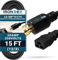 IronBox Electric NEMA L6-30P to C19 Power Cord - 20Amp, 250V, 12/3 SJT - UL Listed Heavy Duty Power Extension Cable for Generator, Data Centers, Outdoor Use, High-Powered Applications & More (15 ft)