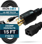 IronBox Electric NEMA L6-30P to C19 Power Cord - 20Amp, 250V, 12/3 SJT - UL Listed Heavy Duty Power Extension Cable for Generator, Data Centers, Outdoor Use, High-Powered Applications & More (15 ft)