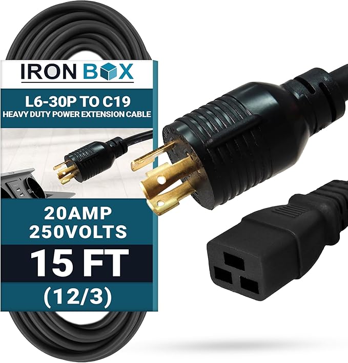 IronBox Electric NEMA L6-30P to C19 Power Cord - 20Amp, 250V, 12/3 SJT - UL Listed Heavy Duty Power Extension Cable for Generator, Data Centers, Outdoor Use, High-Powered Applications & More (15 ft)