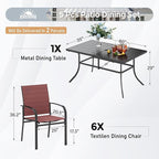Patio Dining Set 7 PCS, Rectangular Steel Dining Table with 1.57" Hole, Red Stable Dining Chairs for 6,Patio Table and Chairs for Outdoor Lawn Garden,Deck.