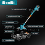 Seesii String Trimmer : 12’’ Cordless Weed Wacker & Edger with 2 * 4.0Ah Batteries - Electric Lawn Mower with 1.3’’/2.1’’ Adjustable Deck - 3-in-1 Battery Lawn Mower for Garden/Yard