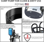 FOTING Stainless Steel Sump Pump 1HP Automatic & Manual Mode- with Float Switch,3500GPH Submersible Water Pump Utility Pump for Swimming Pool Garden Pond Basement with 25ft Cord