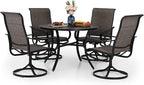 PHI VILLA Outdoor Patio Dining Set 5 Piece with 4 Padded Swivel Dining Chairs & 1 Large Round Dining Table, Textilene Mesh Fabric Chair and 42" Metal Table for All Weather