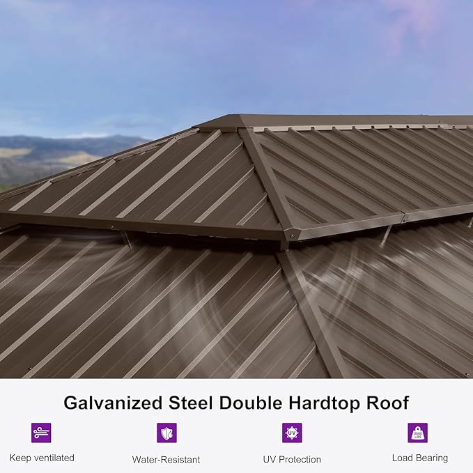 PURPLE LEAF 12' X 28' Outdoor Hardtop Gazebo Patio Wide Aluminum Frame Metal Double Roof with Heavy Duty Netting and Curtains for Permanent Hard Top Pavilion Screen Khaki