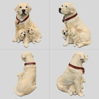Labrador Retriever Outdoor Dog Family Statue with Reversible “Welcome/ON Patrol” Hanging Plaque and Solar Lantern, Yellow Mom with Two Puppies, Sitting Yard Greeter