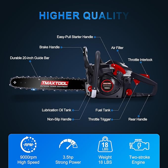 62cc Gas Chainsaw, 3.5-HP, 18 Inch Chain Saw, Gas Powered Chainsaws, 2-Stroke Gasoline Power Chain Saws with Automatic Oiler for Wood Cutting, Easy-Start, Black