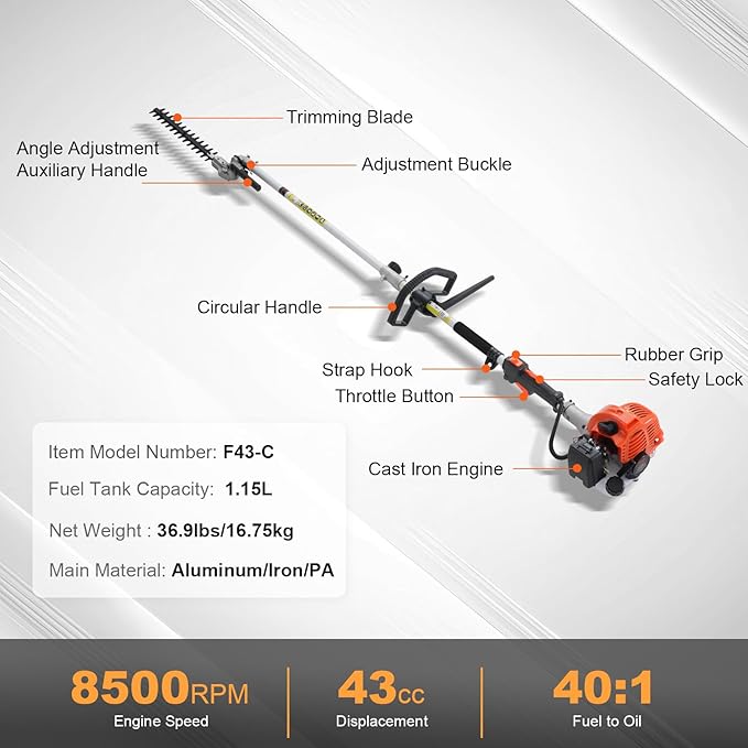 VEVOR 43cc 6-in-1 Multi-Functional Trimming Tool, Hedge Trimmer, Weed Eater, String Trimmer, Brush Cutter, Edger, Pole Saw Chainsaw Pruner with Extension Pole, w/EPA, CE and EMC Certification