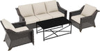 4 Pieces Outdoor Conversation Furniture Set - 77" Patio Sofa, 2 Wicker Armchairs, 1 Metal Coffee Table, Patio Wicker Furniture Set with Water-Resistant Cushions for Sunroom (Beige)