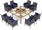 PHI VILLA 9 Pieces Square Outdoor Dining Set for 8, 60” Wood-Like Large Metal Steel Dining Table & Rattan Wicker Chairs with Cushions, Dining Furniture Set for Patio, Deck, Yard, Porch