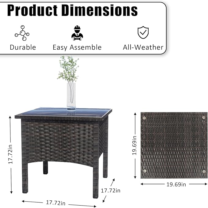 Outdoor PE Rattan Side Table, Modern Wicker Coffee End Table with Glass Top for Yard, Balcony, Garden or Livingroom, Brown