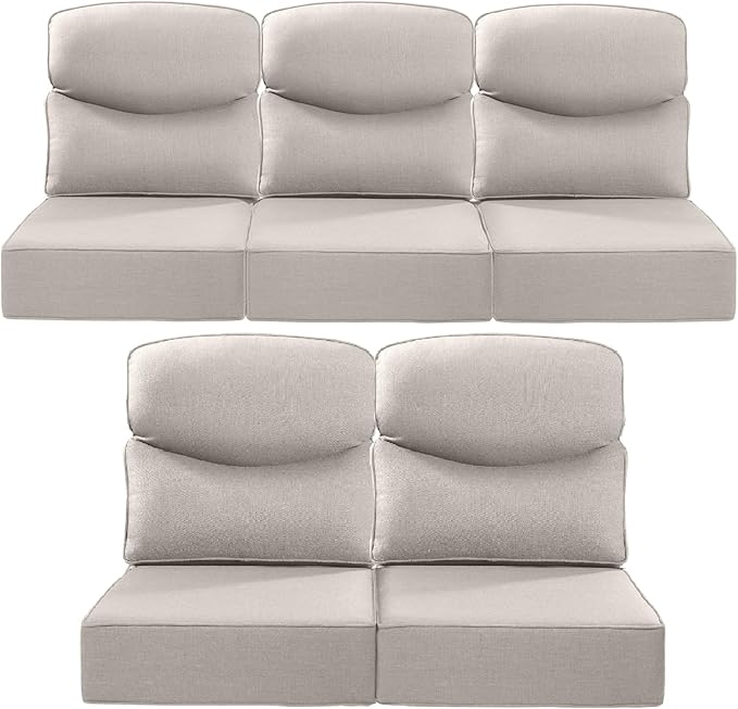 Luxury 22x24/22x25 6-Inch Smile Outdoor Cushions for Patio 5 Piece Set - Set of 5 Zippered Outside Pillows for Wicker Metal Dining Rocking Swivel Chairs Loveseat Couch Sectional Sofa - Beige