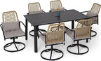 7 Pieces Rattan Patio Swivel Chairs, 63" x 38" Rectangle Table Set and Rocker Wicker Patio Chairs with Cushions