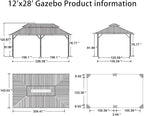 PURPLE LEAF 12' X 28' Outdoor Hardtop Gazebo Patio Wide Aluminum Frame Metal Double Roof with Heavy Duty Netting and Curtains for Permanent Hard Top Pavilion Screen Khaki